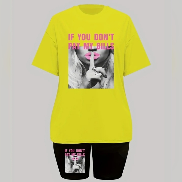 Womens Yellow / Black 2-Piece "If You Don't Pay My Bills" Short Set - Picture 7 of 8